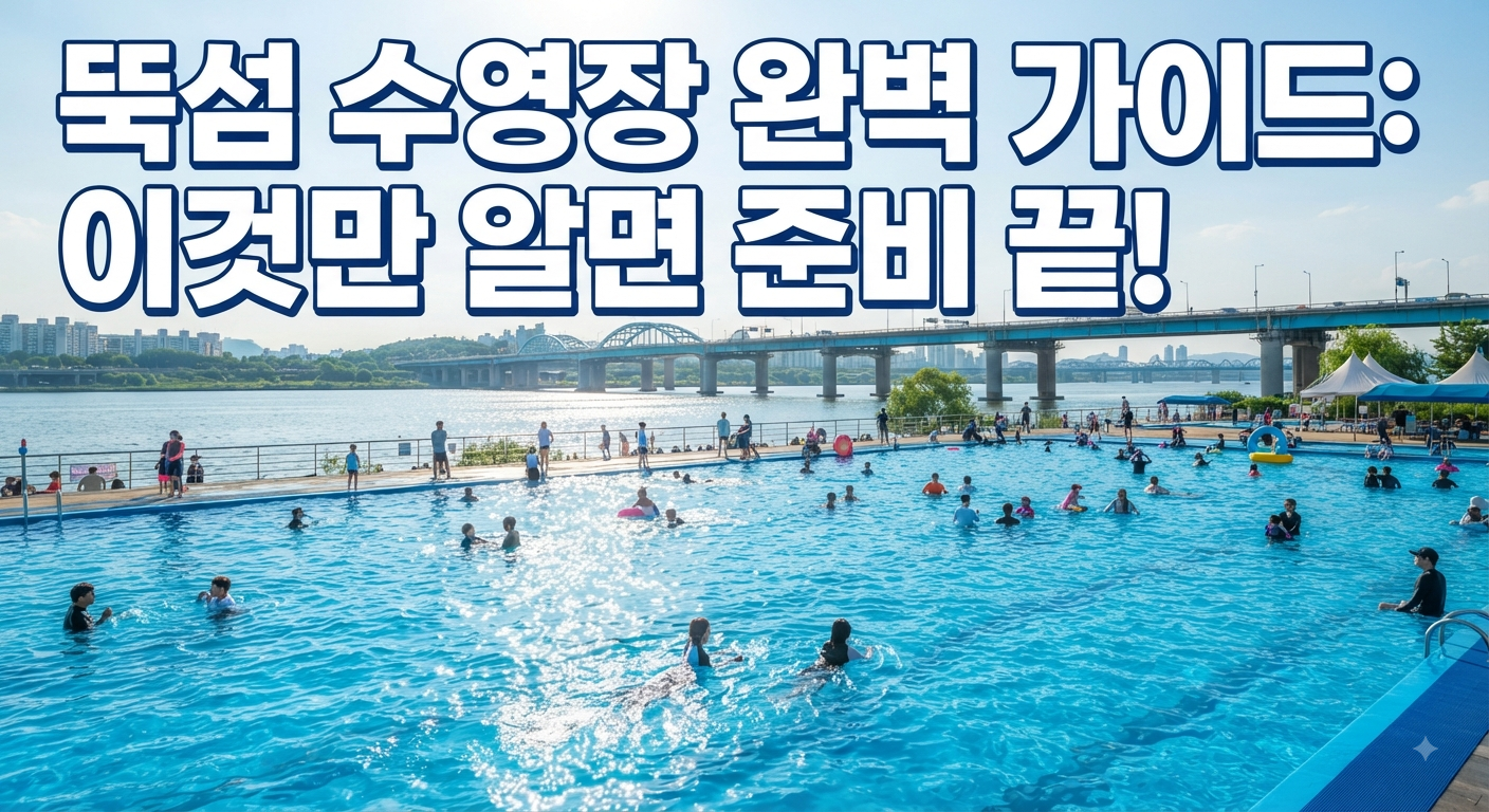 시원한 한강 뚝섬 수영장 전경, 여름 휴가철 물놀이 인파와 파란 물놀이장