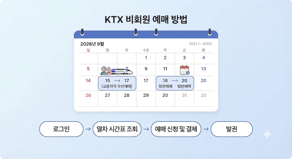 2026년 9월 추석 KTX 예매를 위한 대상별(교통약자, 일반) 상세 일정과 예매 단계별 흐름도(로그인-조회-결제-발권)를 명확하게 안내하는 인포그래픽