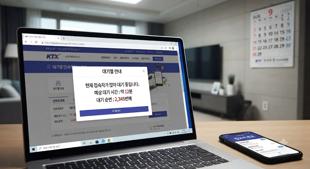 2026년 추석 KTX 일반 예매 당일, 노트북 화면의 한국어 접속 대기열 안내(대기 순번, 예상 시간)와 스마트폰의 실시간 잔여석 조회 화면을 동시에 확인하며 대기하는 긴장감 넘치는 상황