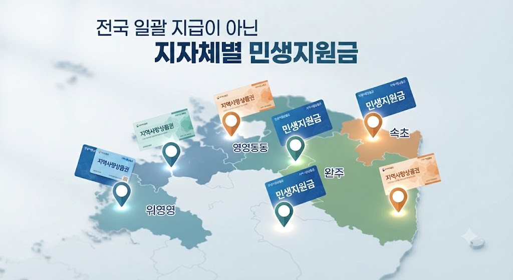 대한민국 지도 위에 표시된 의령, 영동, 완주 등 주요 지자체별 민생지원금 지급 거점