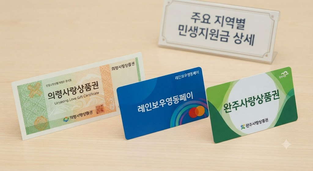 의령사랑상품권, 레인보우영동페이, 완주사랑상품권 실물 카드 및 상품권 이미지