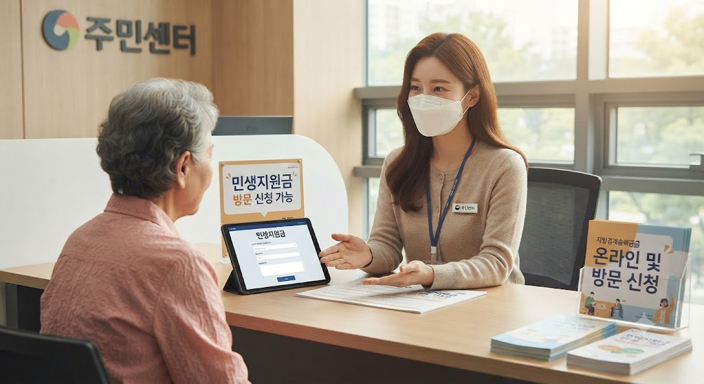 주민센터에서 민생지원금 신청 방법을 안내받는 어르신과 공무원 (온라인 및 방문 신청 병행)