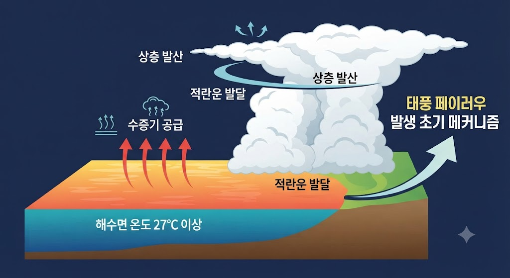 적도 해수면의 따뜻한 수증기가 대기로 상승하여 태풍 소용돌이를 만드는 과정을 보여주는 과학 단면도