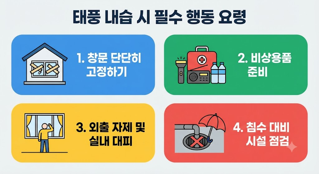 창문 고정, 외출 자제, 비상용품 준비 등 태풍 페이러우에 대비하는 필수 행동 수칙 인포그래픽