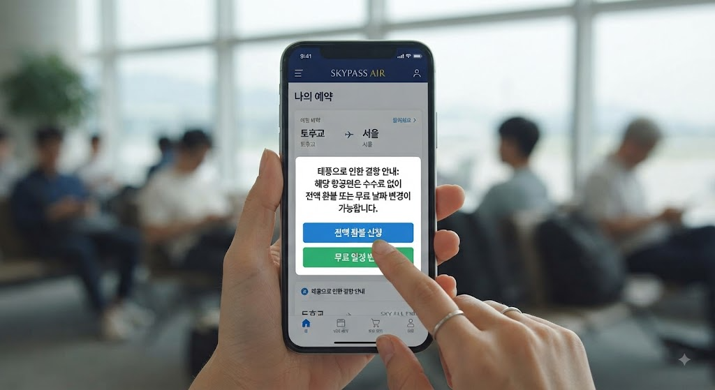 스마트폰 항공사 앱 화면에서 확인하는 태풍 결항 무료 환불 절차