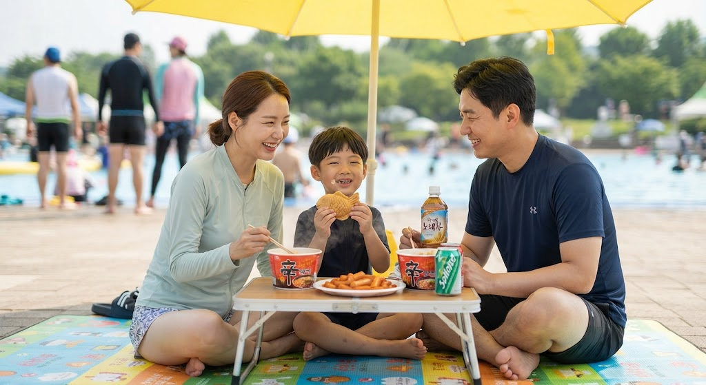 한강 수영장 매점 라면과 간식을 즐기는 가족