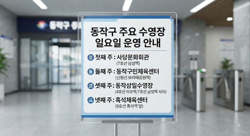 사당문화회관, 동작구민체육센터, 동작삼일수영장, 흑석체육센터의 요일별 일요일 운영 정보가 담긴 고화질 안내판 이미지