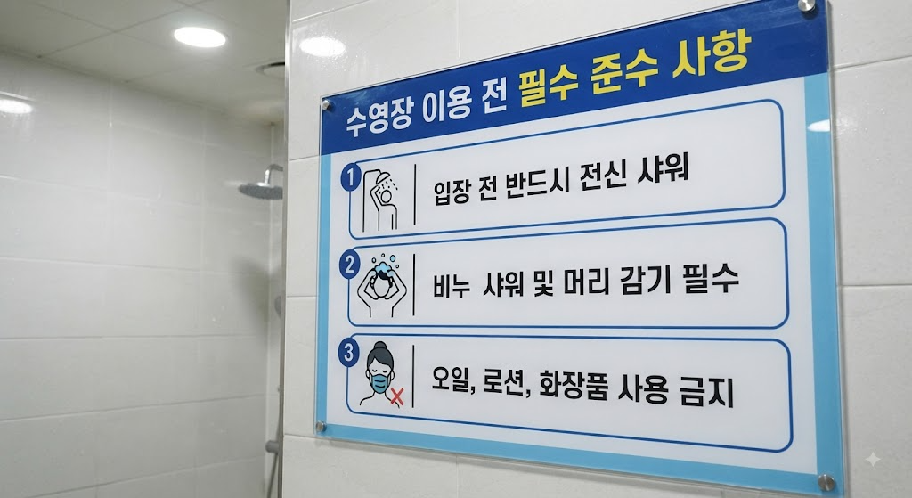 동작구 수영장 입구에 설치된 대형 안내판. '입장 전 반드시 샤워', '머리 감기', '화장품 금지' 등 필수 위생 수칙을 픽토그램으로 안내하고 있다.