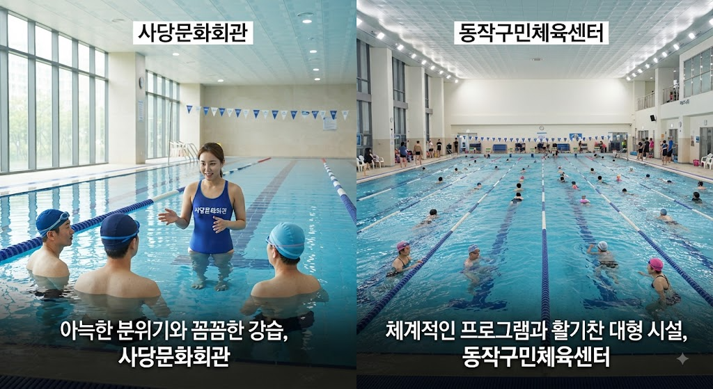 동작구 주요 수영장 비교. 아늑하고 꼼꼼한 강습의 '사당문화회관'과 체계적인 대형 시설의 '동작구민체육센터' 내부 전경.